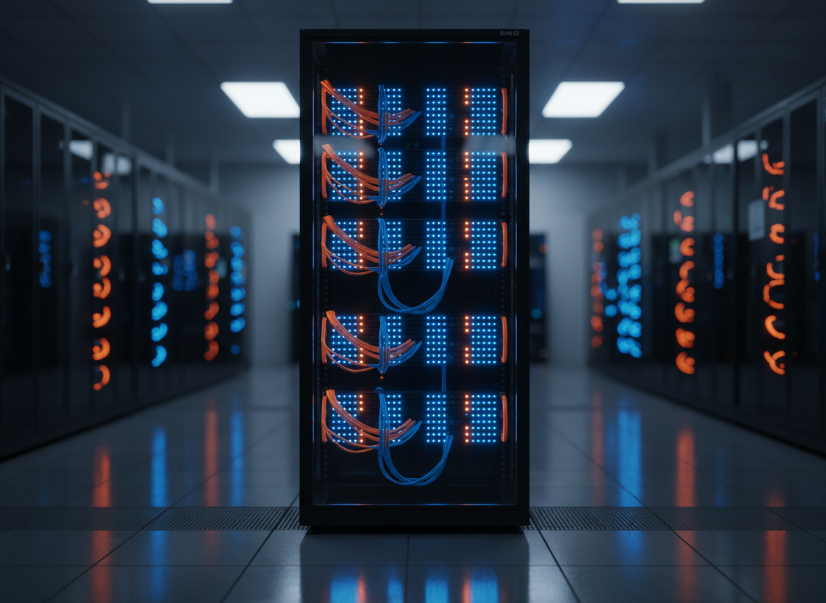 An illuminated, glass-walled server rack filled with sleek black hardware, neatly braided cobalt and orange network cables, and tiny status LEDs forming precise, rhythmic patterns. The rack stands in the center of a spotless, darkened data center with reflective epoxy flooring and faint grid lines guiding the eye. Cool, diffused overhead lighting mixes with the glow of the LEDs, casting crisp reflections and gentle shadows that emphasize order and structure. Photographed at eye level with a shallow depth of field, the foreground rack is in razor-sharp focus while distant rows of equipment blur into a soft bokeh. The mood is professional, controlled, and quietly powerful, evoking high-confidence data migration and analytics in a clean, modern, photographic realism style.