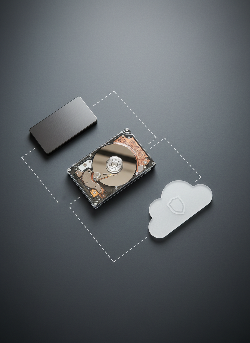 A close-up, overhead photographic view of three contrasting data storage mediums aligned diagonally on a smooth slate-gray surface: a brushed-metal external SSD with sharp edges, a transparent plastic hard drive revealing faint circuitry, and a cloud-shaped frosted acrylic icon with a tiny embossed shield. Thin, white dotted lines are printed on the surface, connecting the objects to suggest a migration path. Soft, diffused daylight from the top casts gentle, almost shadowless illumination, emphasizing textures without harsh contrast. The background falls into a subtle vignette, drawing attention to the center. The mood is clean, methodical, and reassuring, visually representing secure migration from legacy systems into cloud analytics with a minimalist, modern, photographic realism aesthetic.