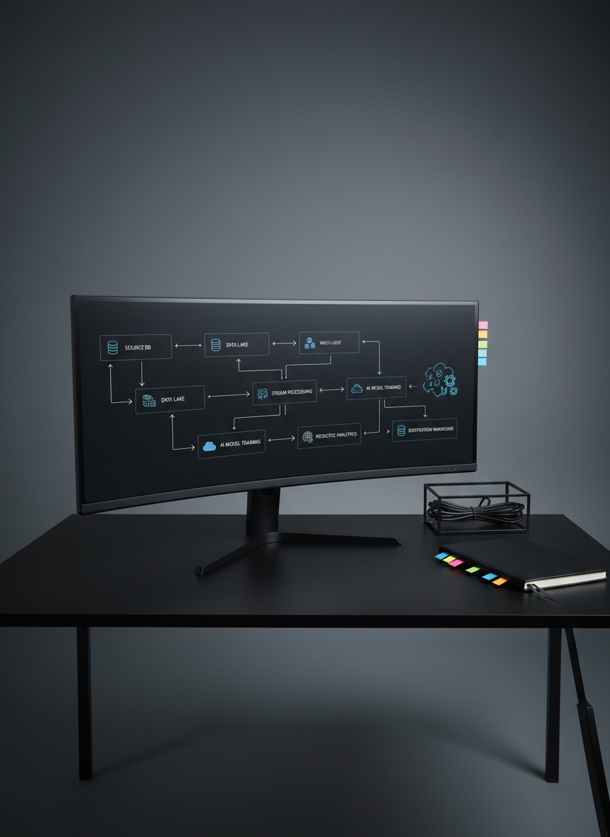 A large, ultra-wide computer display on a minimalist matte-black desk shows a complex data pipeline diagram: labeled nodes, flowing arrows, and icons representing databases, cloud storage, and AI analytics. Around the monitor, small details include a closed notebook with color-coded tabs and a geometric black metal cable organizer, all meticulously arranged. Soft, cool-toned studio lighting from the left creates subtle highlights on the screen’s glossy edge and muted reflections on the desk surface. The backdrop is a smooth charcoal wall with a faint gradient, keeping the focus on the structured diagram. Captured from a slightly elevated angle, the composition uses the rule of thirds for a balanced, modern, photographic image that communicates clarity in messy, large-scale data migration projects.